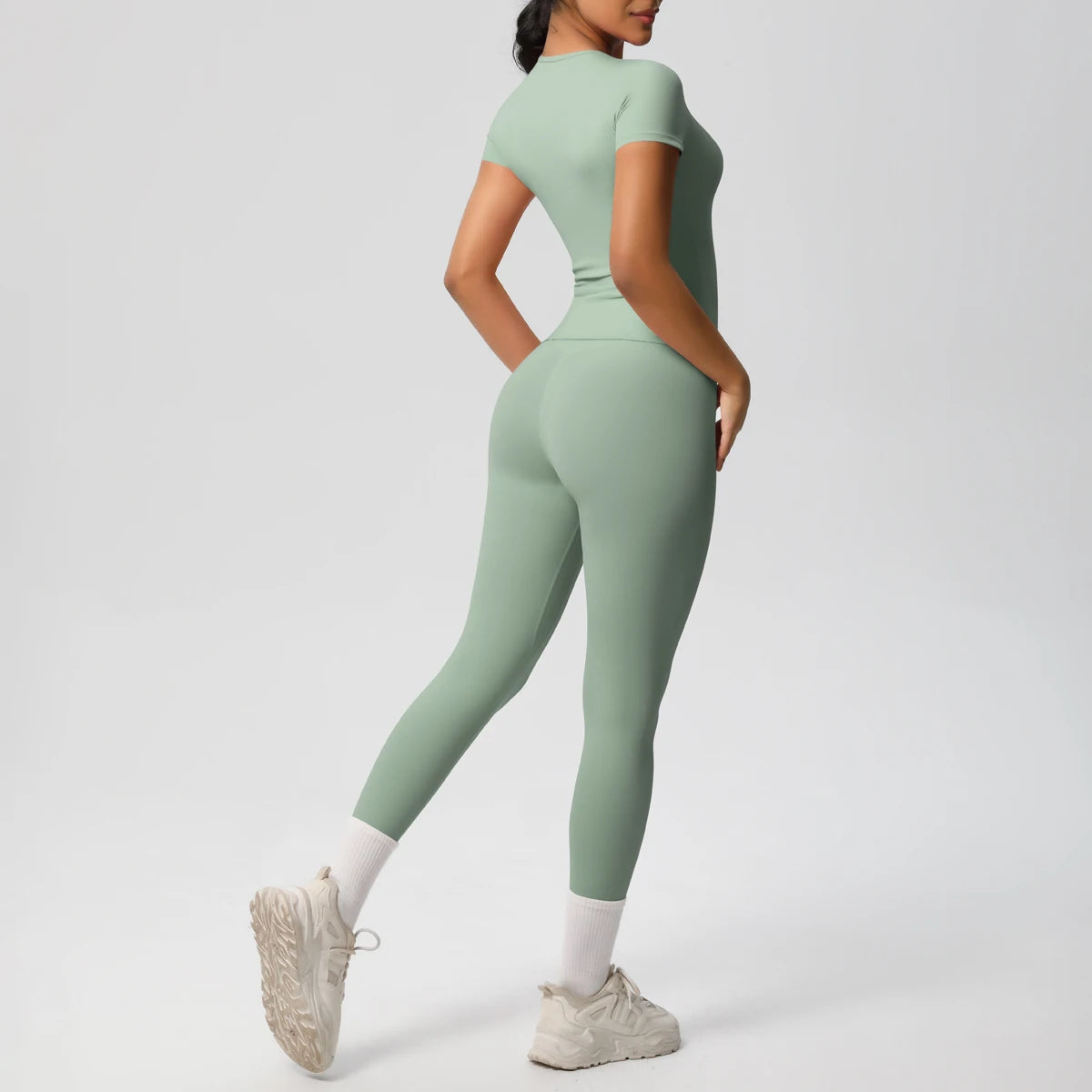 Women 2pcs Athletic Wear Yoga Set Workout Sportswear Gym Clothing Fitness Long Sleeve Crop Top High Waist Legging Sports Bra