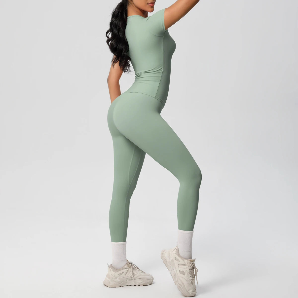 Women 2pcs Athletic Wear Yoga Set Workout Sportswear Gym Clothing Fitness Long Sleeve Crop Top High Waist Legging Sports Bra