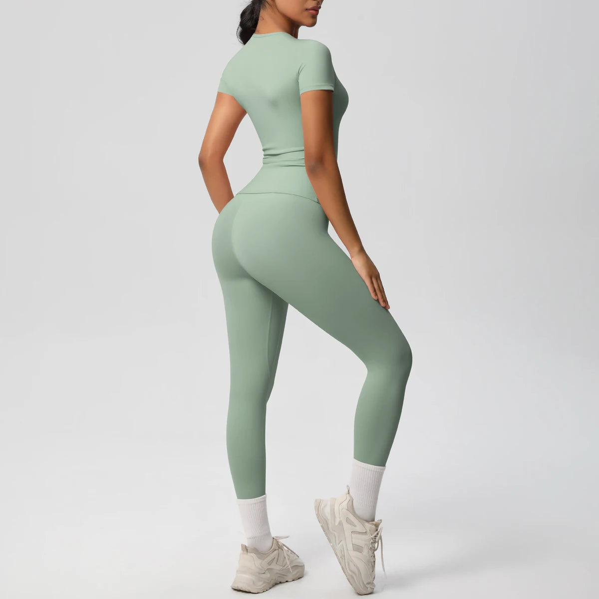 Women 2pcs Athletic Wear Yoga Set Workout Sportswear Gym Clothing Fitness Long Sleeve Crop Top High Waist Legging Sports Bra